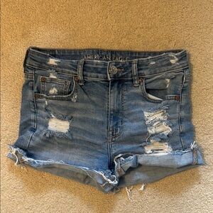 American Eagle Outfitters Women's Hi Rose Shortie Ripped Blue Jean Shorts